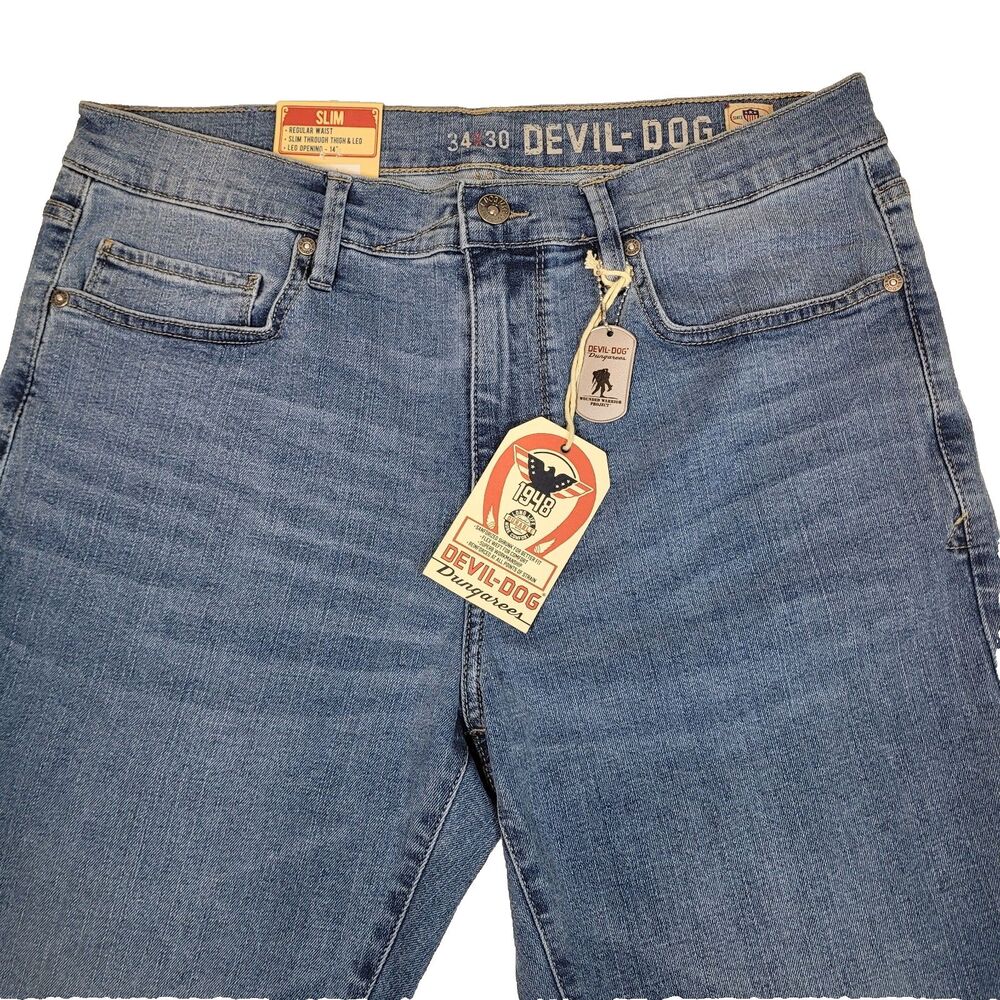 Devil Dog Dungarees Men 34x30 Athletic Denim Blue Jeans Slim Straight Reinforced